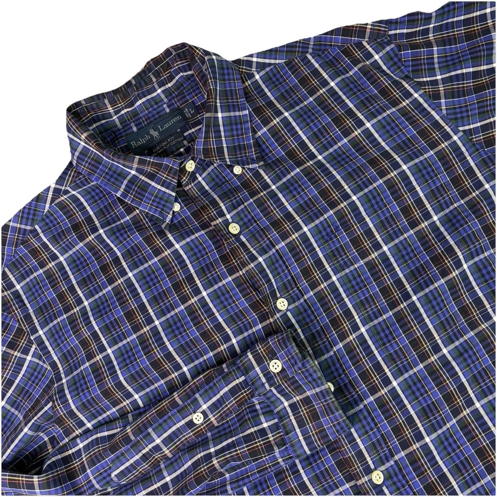Polo Ralph Lauren Custom Fit Button Down Shirt Mens Large Blue Plaid Preppy